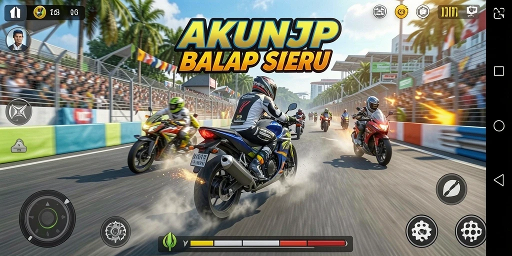Tangkapan layar utama AKUNJP menampilkan aksi balap motor yang mendebarkan.