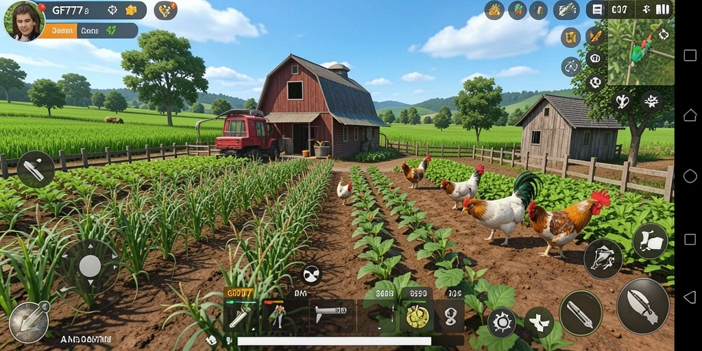 Screenshot gameplay GF777 menampilkan pertanian yang subur dan interaksi antar pemain.