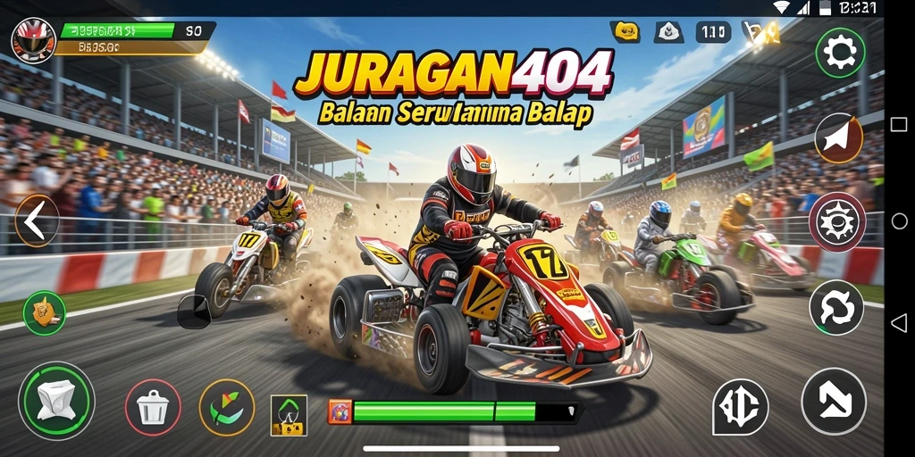 Gameplay seru dalam JURAGAN404 menampilkan balapan penuh aksi.
