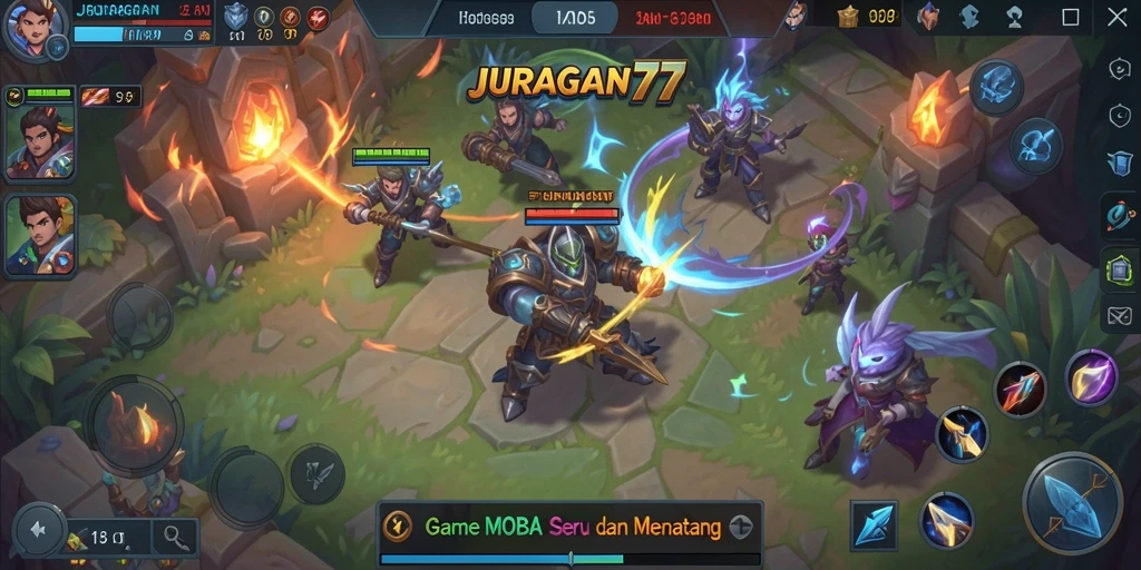 Tangkapan layar gameplay <strong>JURAGAN77</strong> menunjukkan pertempuran seru antar tim.