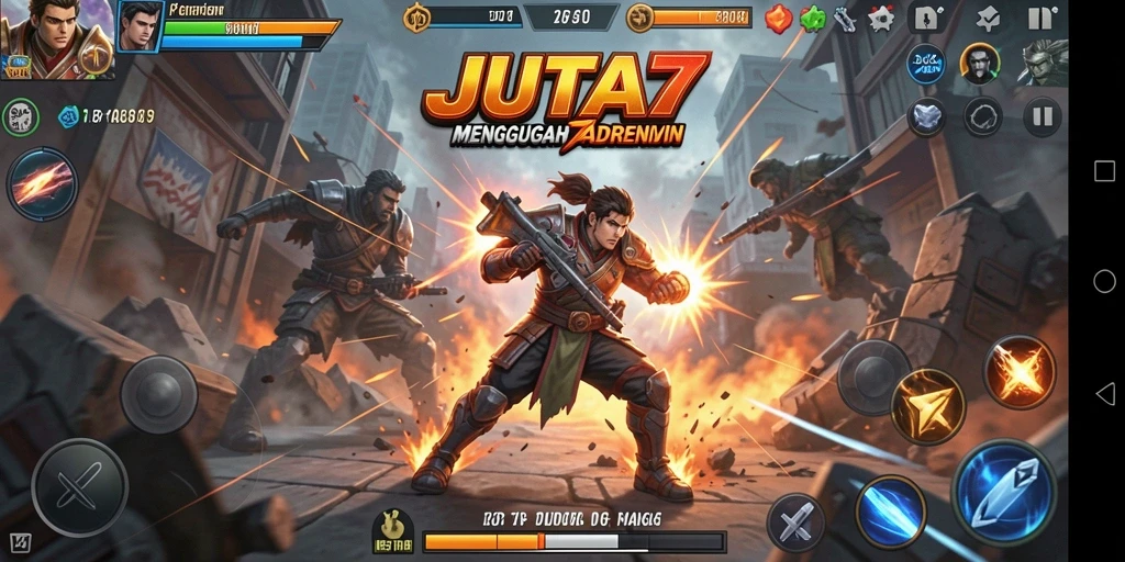 Screenshot gameplay JUTA7 yang menunjukkan pertarungan epik antara karakter.