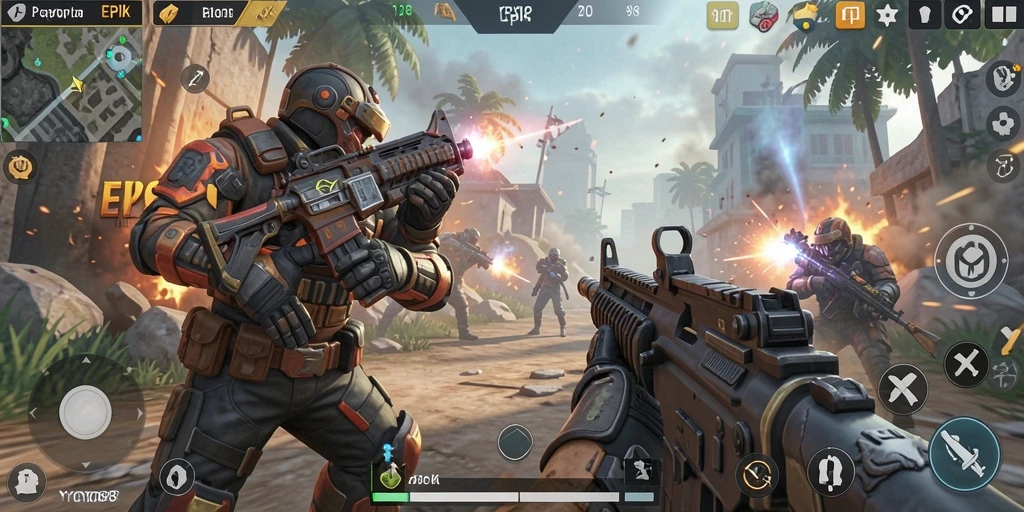 Screenshot menunjukkan pemain bertempur dalam aksi intens FPS.